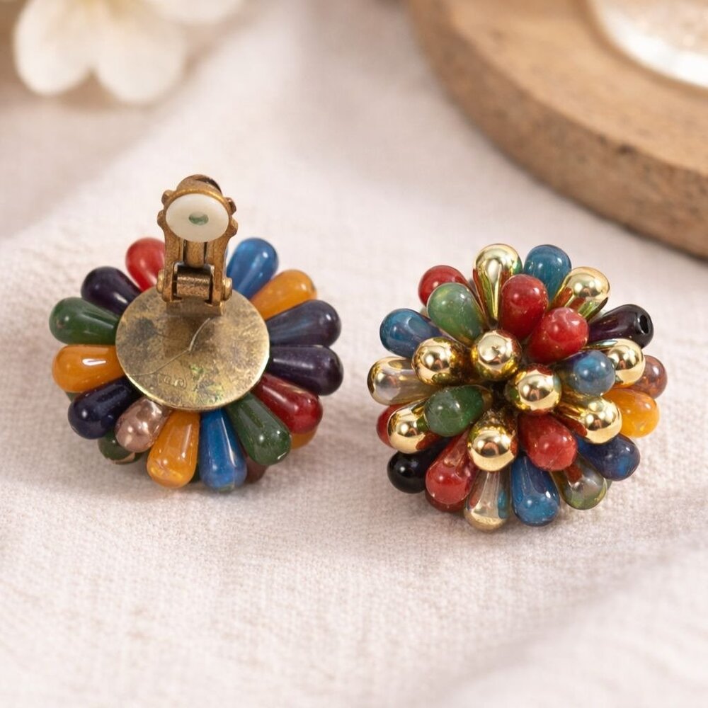 Vintage Multi-Color Bead Cluster Clip-On Earrings With Gold Accents